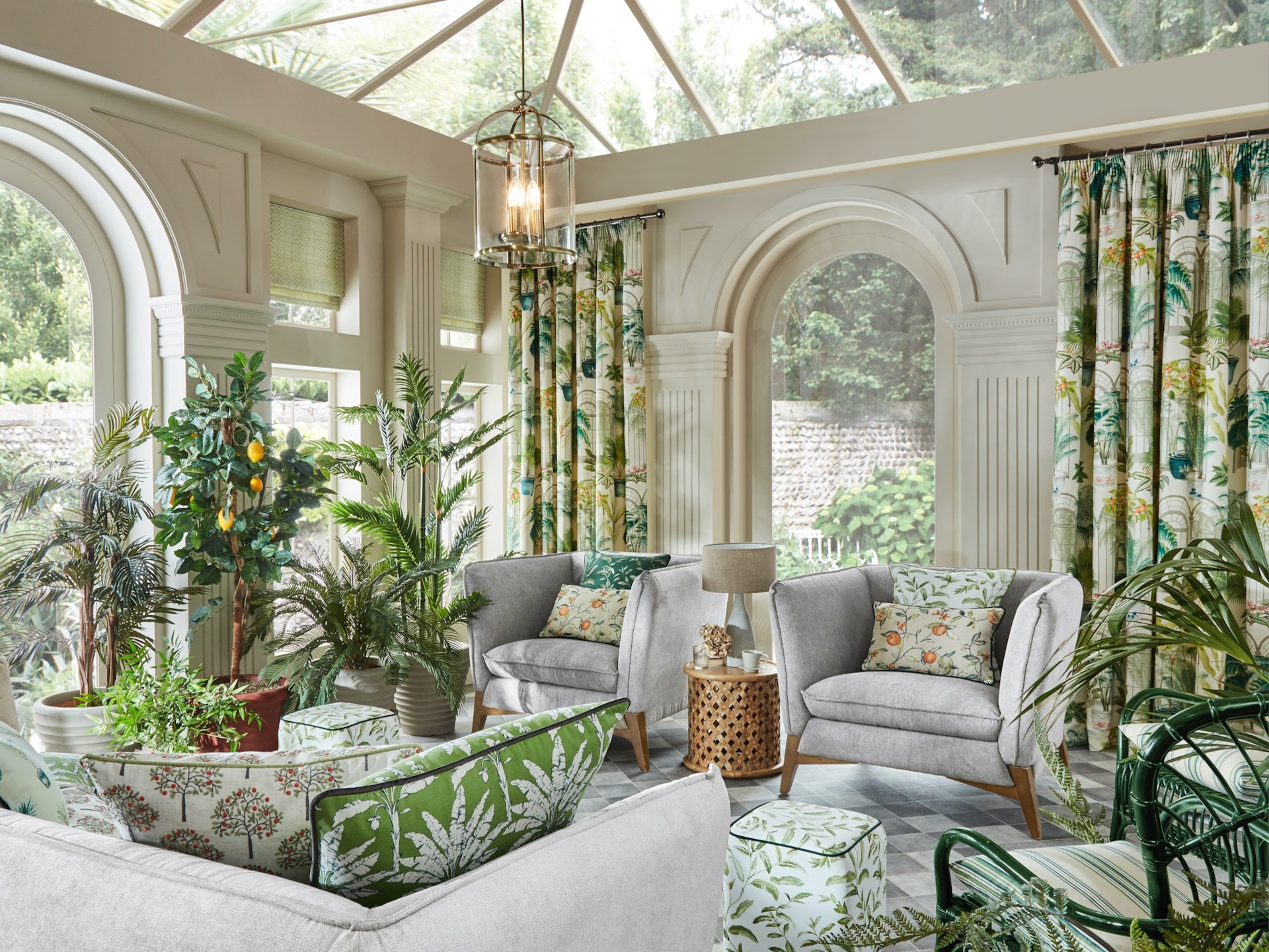 Conseratory with fruit frees and botanical soft furnishings