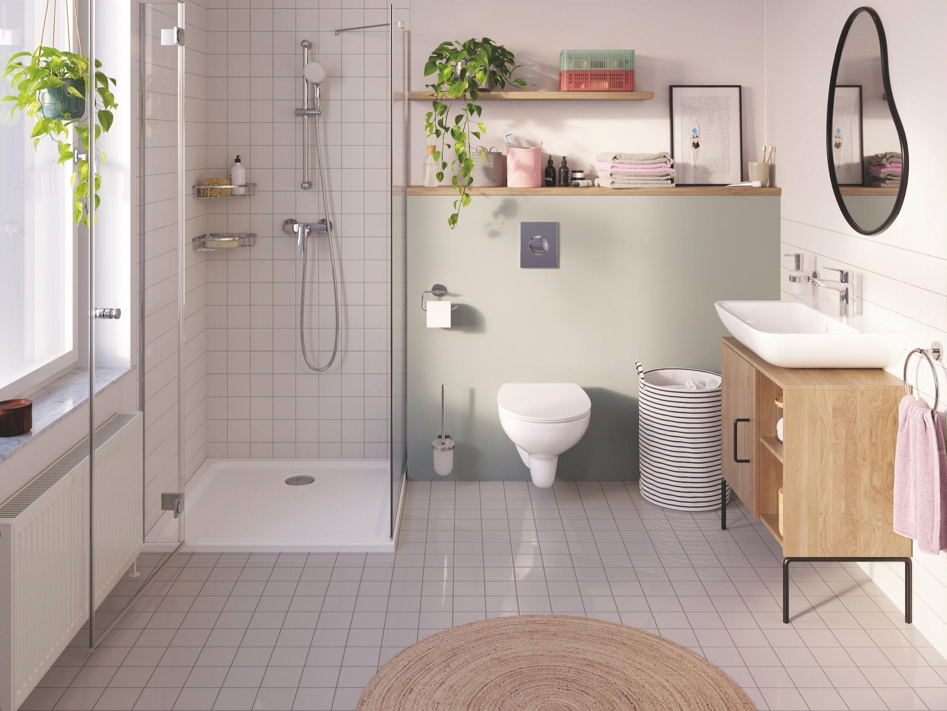 Bathroom with corner shower, tiled floor and rug