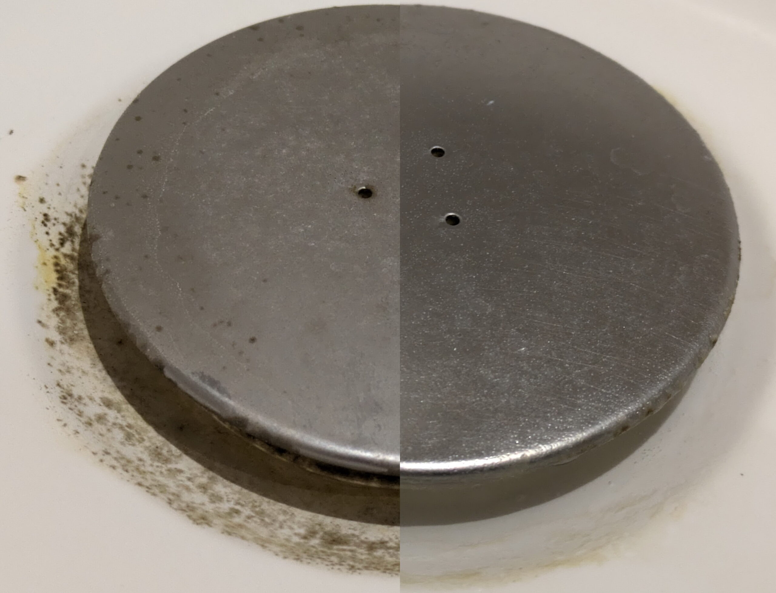 Before/after photo showing a shower drain plug after treatment for mould