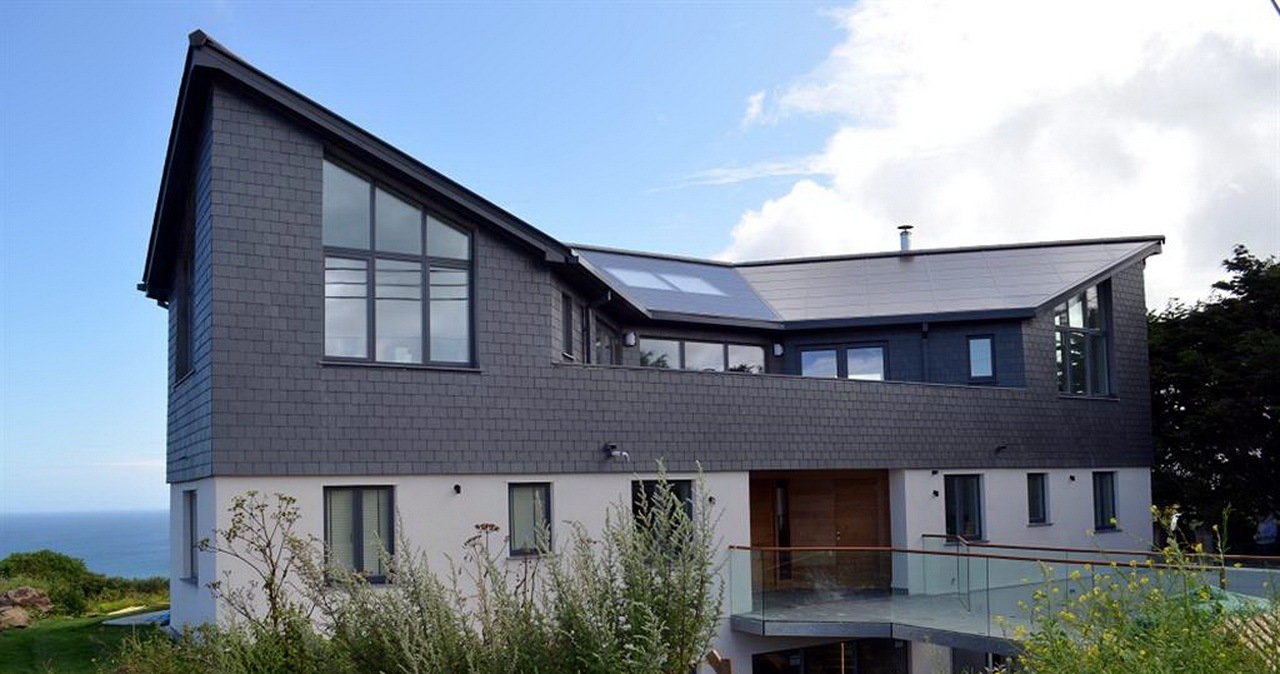 The front elevation of a house fitted with a solar roof