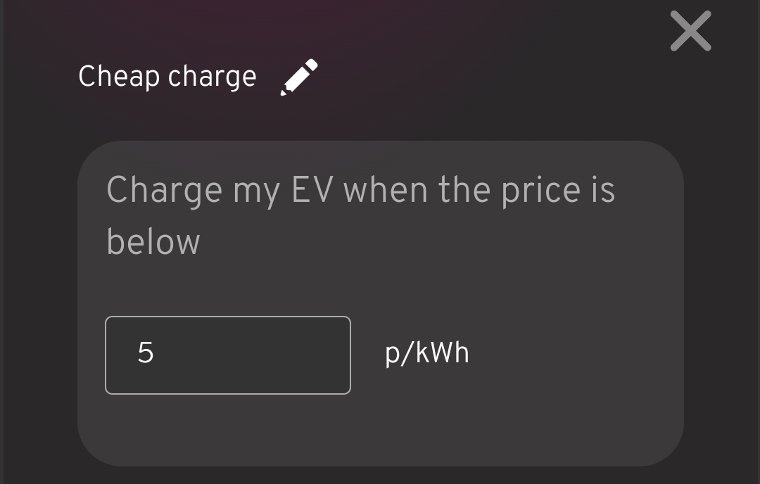 Web screenshot showing a MyEnergi Zappi charger being configured to charge below 5p/kWh