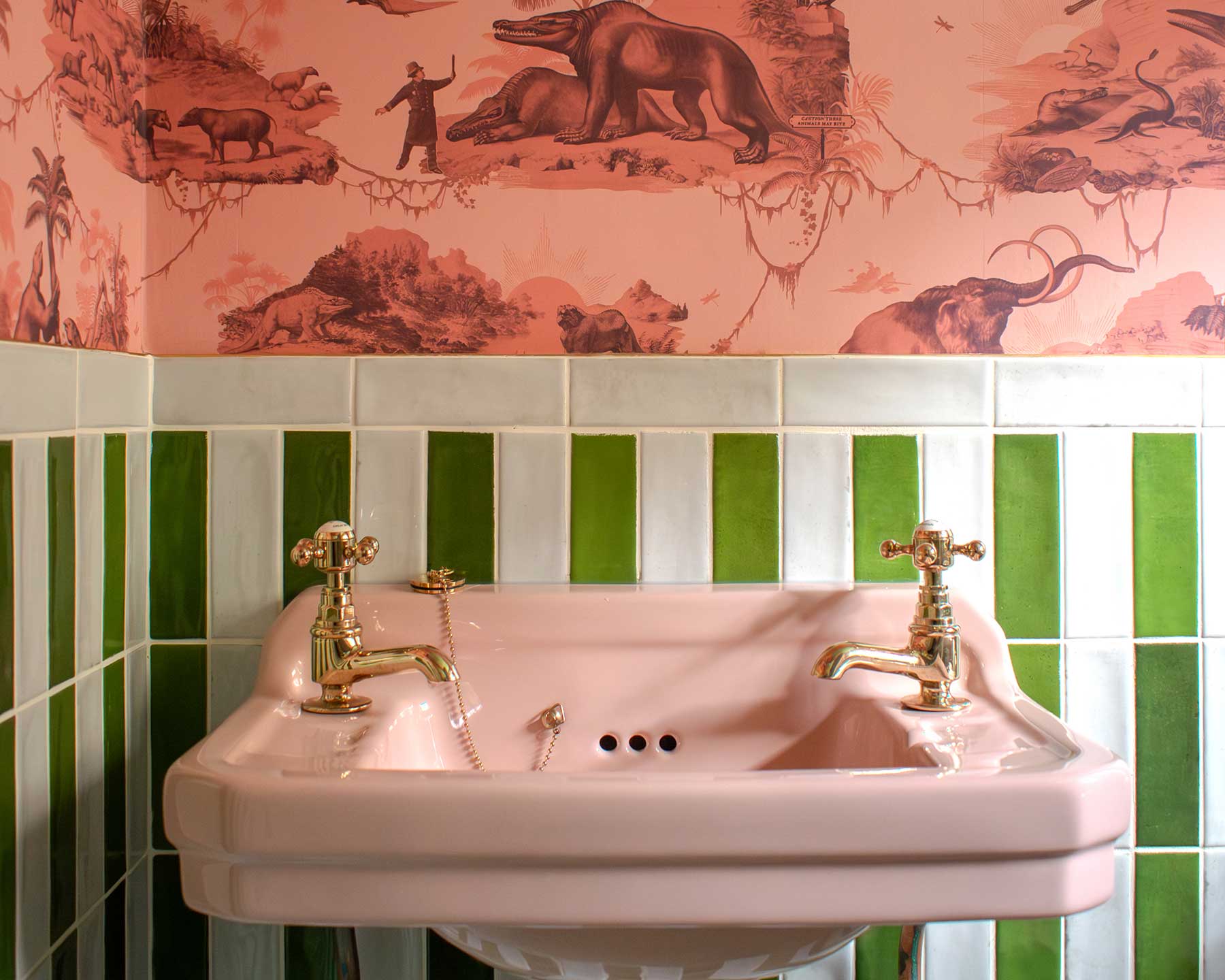 Mix wallpaper with tiles for a modern update in a Victorian home