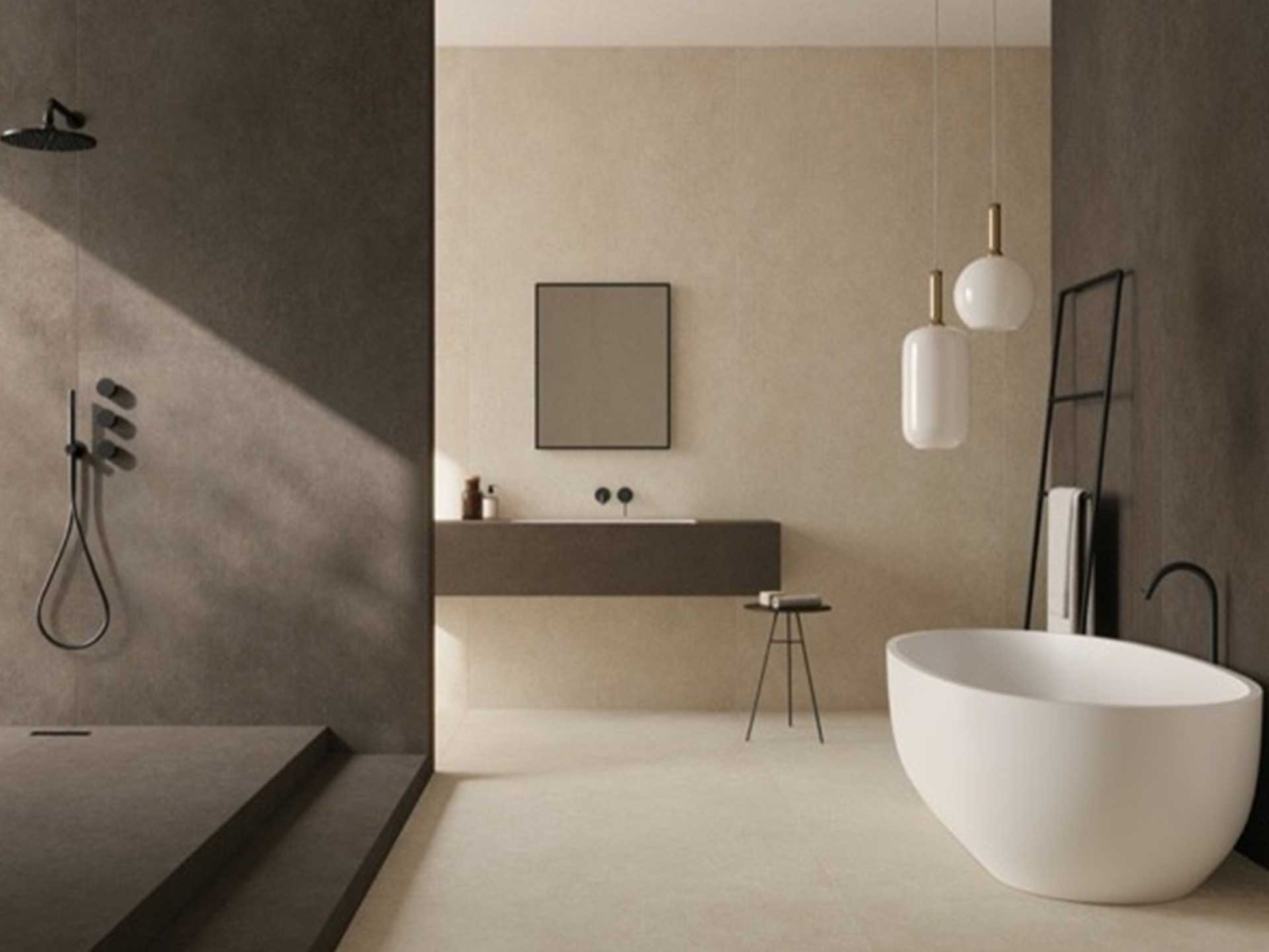 Smooth ceramic surface with little grout are ideal in a bathroom
