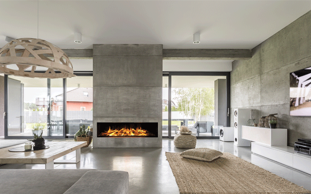 Contemporary inset electric fireplace in open plan living room