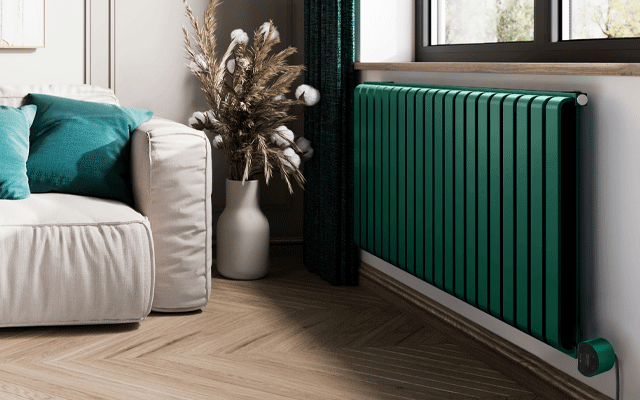 Green electric radiator in living room