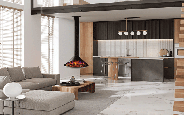 Electric fire suspended from the ceiling in living area