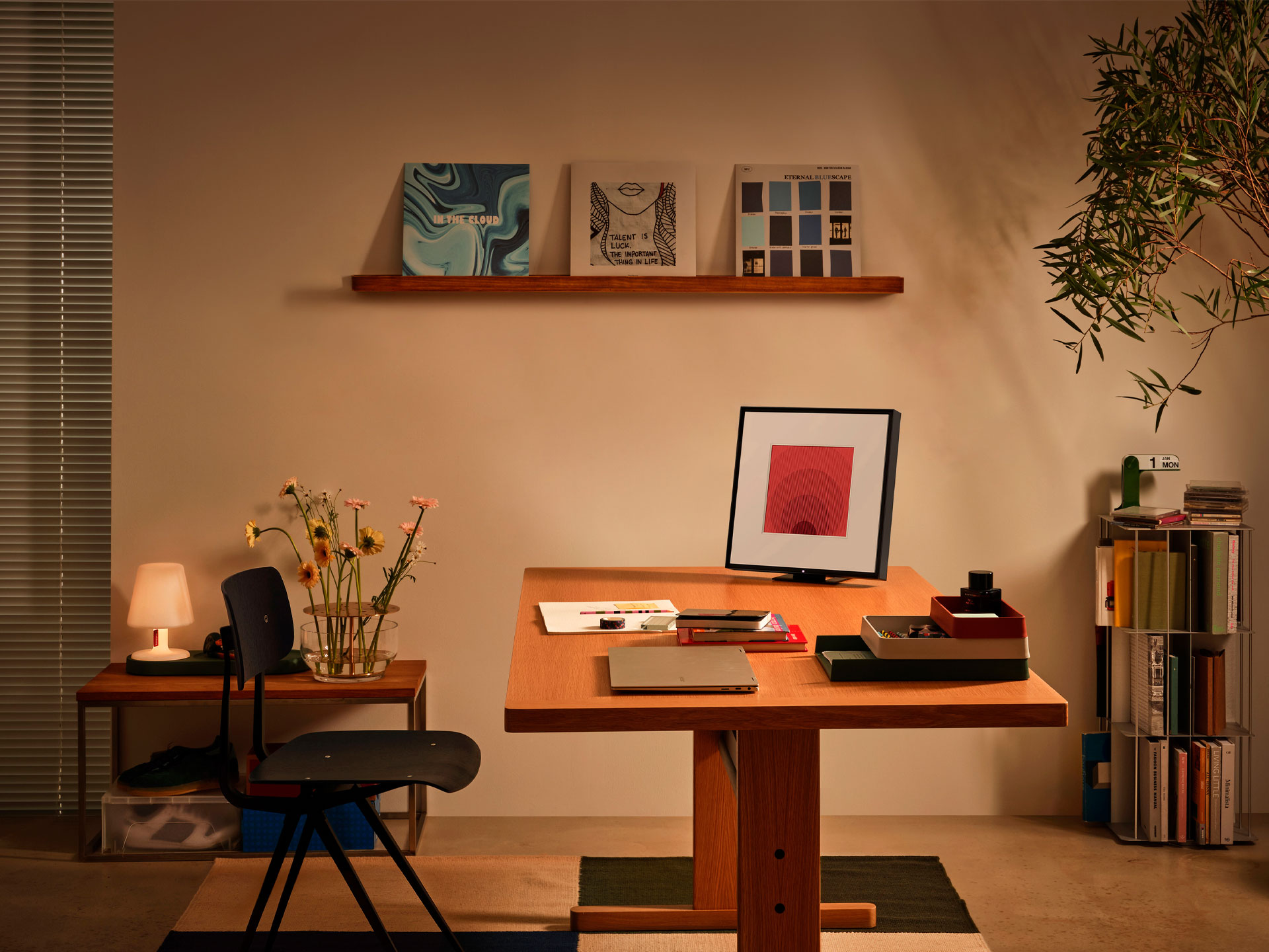 Home office with Samsung Smart Frame screen on work desk