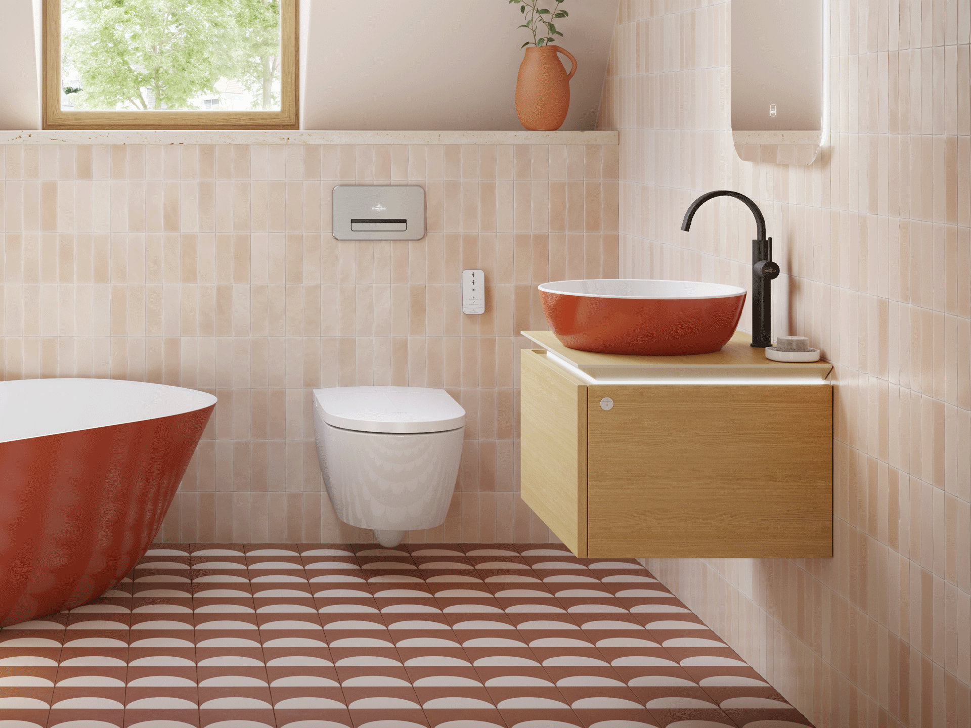 bathroom with countertop basin with orange exterior on vanity unit and matching freestanding bath