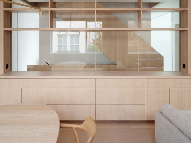 Bespoke cabinets with glass back in minimalist living