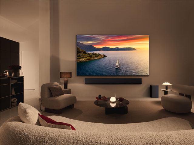 Living room with 65 inch television mounted on the wall