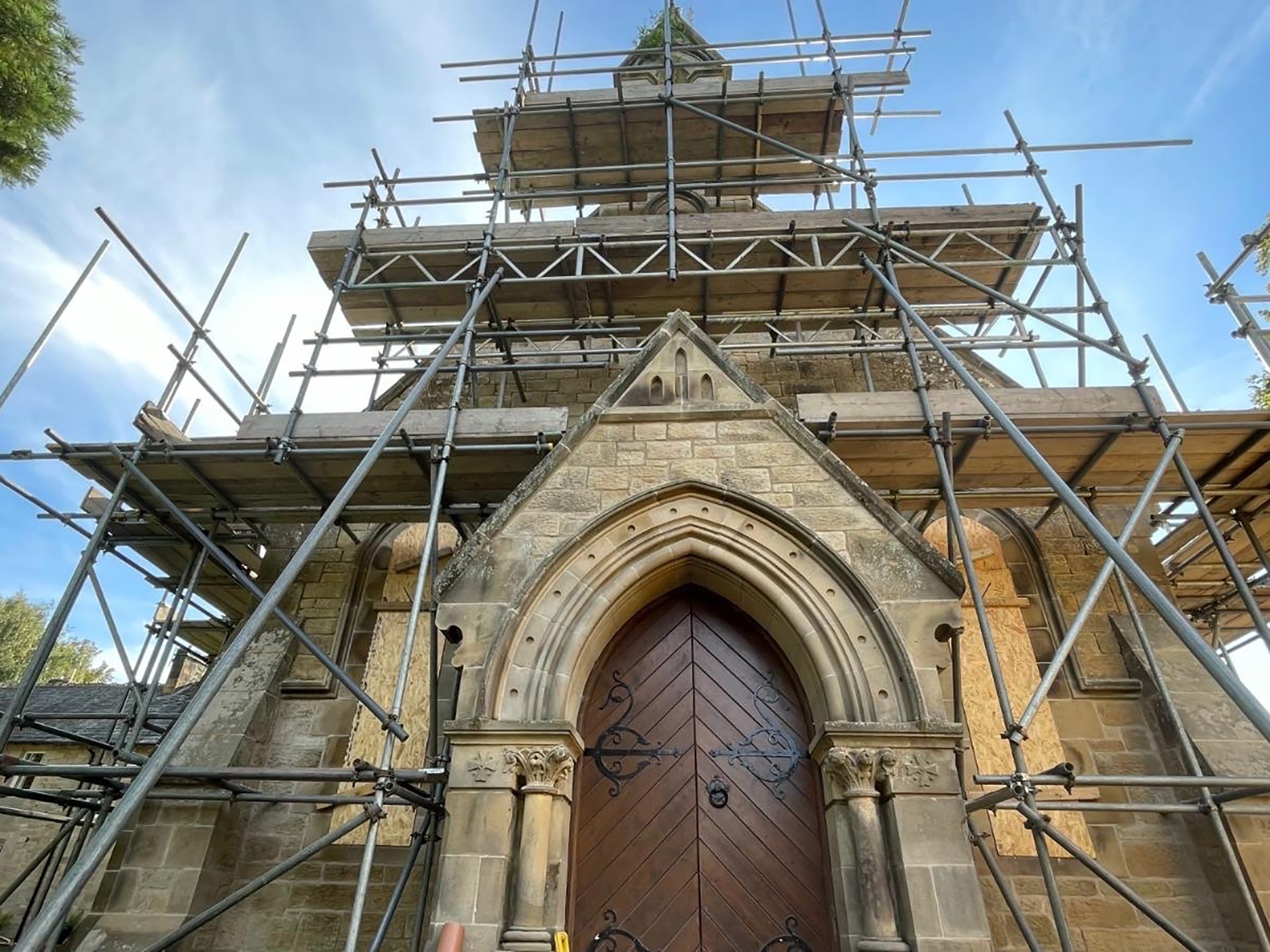 Warksburn Old Church covered in scaffolding