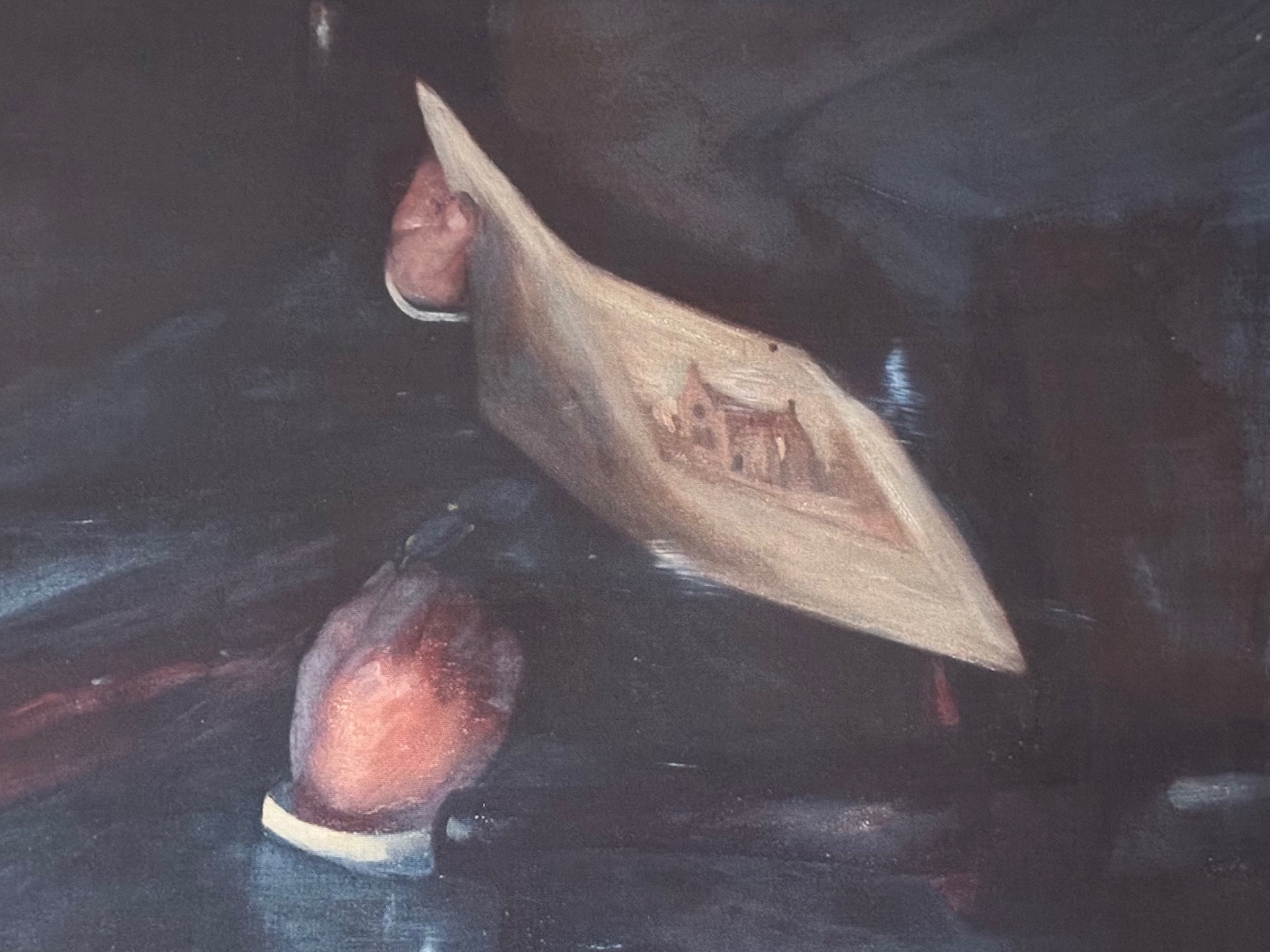Detail of the portrait of Sir George Barclay Bruce showing the picture of Warksburn Church that he is holding
