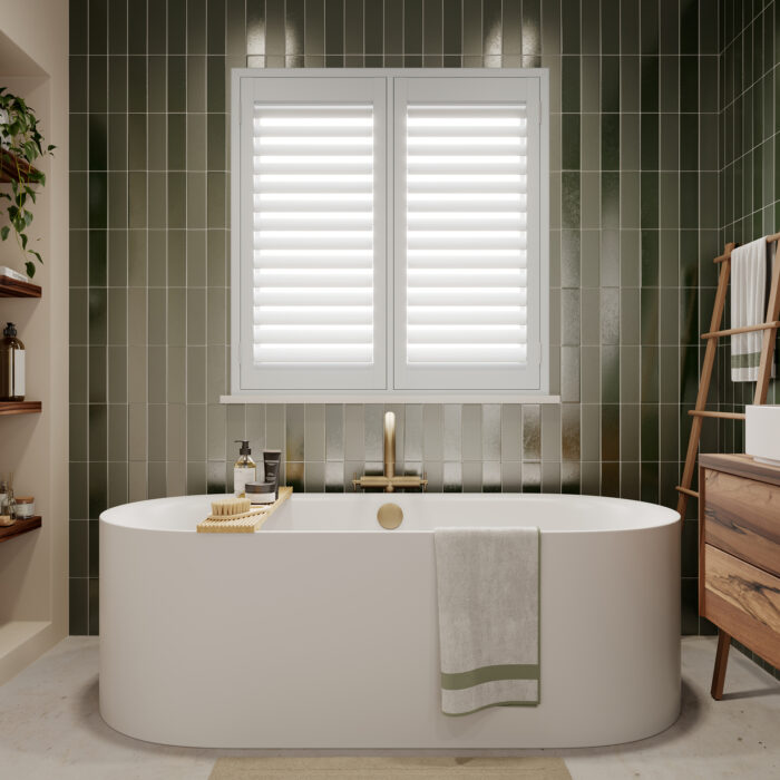 A bathroom with shutters on the window