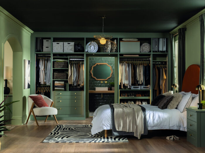 A bedroom with built-in wardrobes