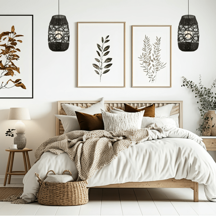 A white bed piled high with cushions in a pretty bedroom