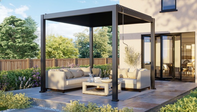outdoor pergola with seating garden trends 2026