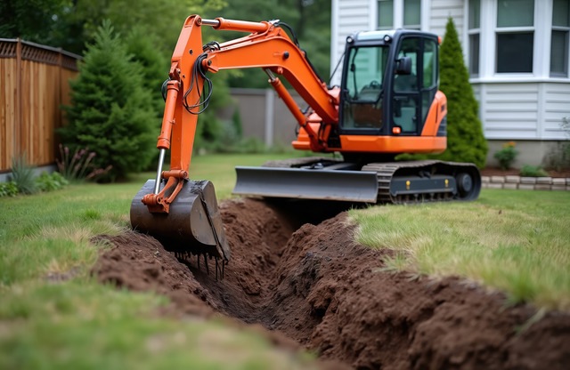 moving a drain at a building project with a digger