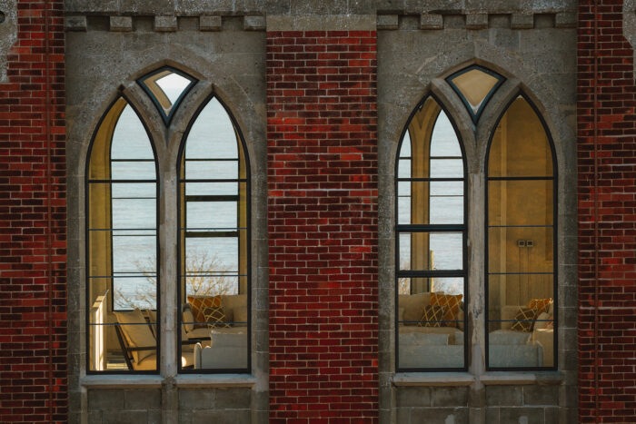 close up of the concrete around windows at the water tower