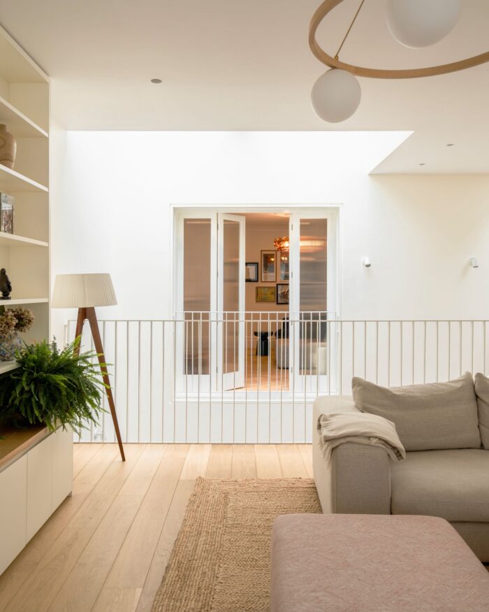 A landing below a lightwell in former care home
